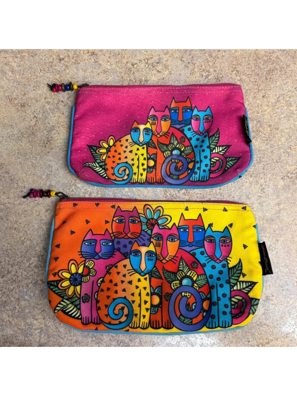 Laurel Burch Feline Clan Cosmetic Bag Set of 2 Canvas Cat Makeup Travel Pouches